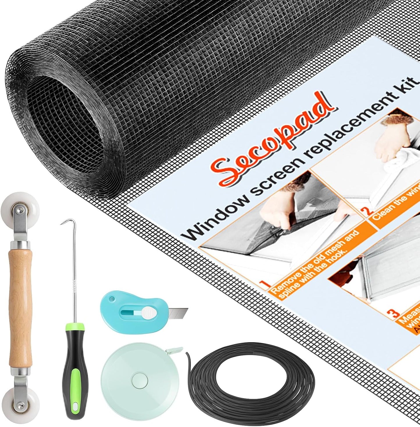Secopad Window Screen & Screen Door Mesh Repair Kit, 39 in x 78 in, Black | Fiberglass Roll with Tools, Tearproof & Washable, High-Transmittance, For Windows, Patio & Porch Replacement