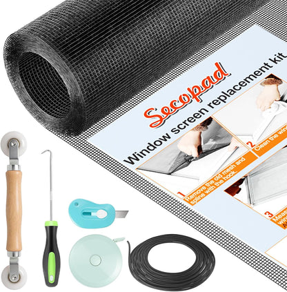 Secopad Window Screen & Screen Door Mesh Repair Kit, 39 in x 78 in, Black | Fiberglass Roll with Tools, Tearproof & Washable, High-Transmittance, For Windows, Patio & Porch Replacement