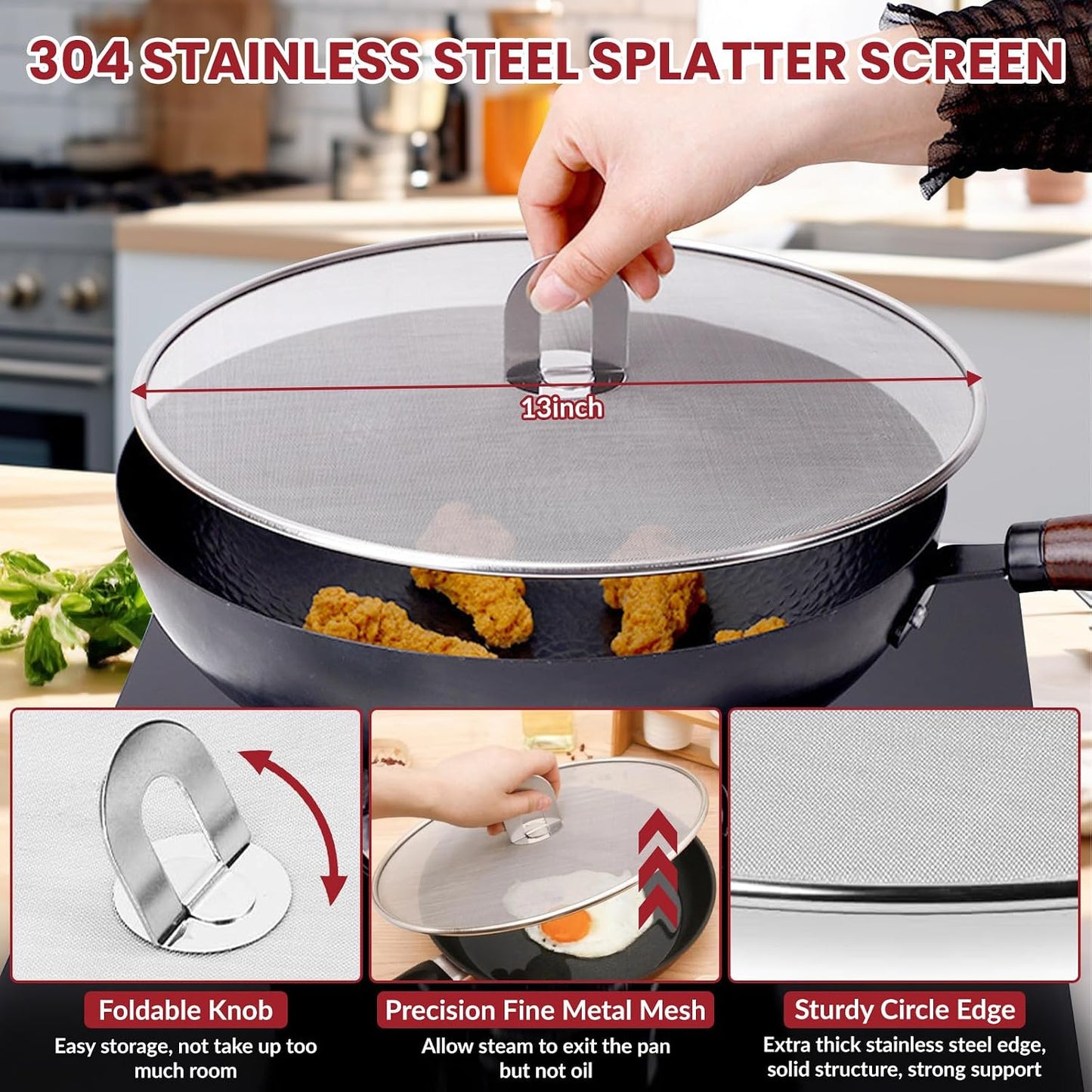 5 Pack Splatter Guard Set(13", 12.6",11.5", 9.8", 7.4"), Silicone & Stainless Steel Splatter Guard for Frying, Splatter Screen for Frying Pan, Grease Splatter Guard for Cooking