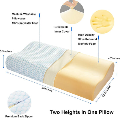 Anvo Memory Foam Pillow, Neck Contour Cervical Orthopedic Bed Pillow for Sleeping Side Back Stomach Sleeper, Ergonomic Design for Neck and Shoulder Pain Relief, Blue White, Firm