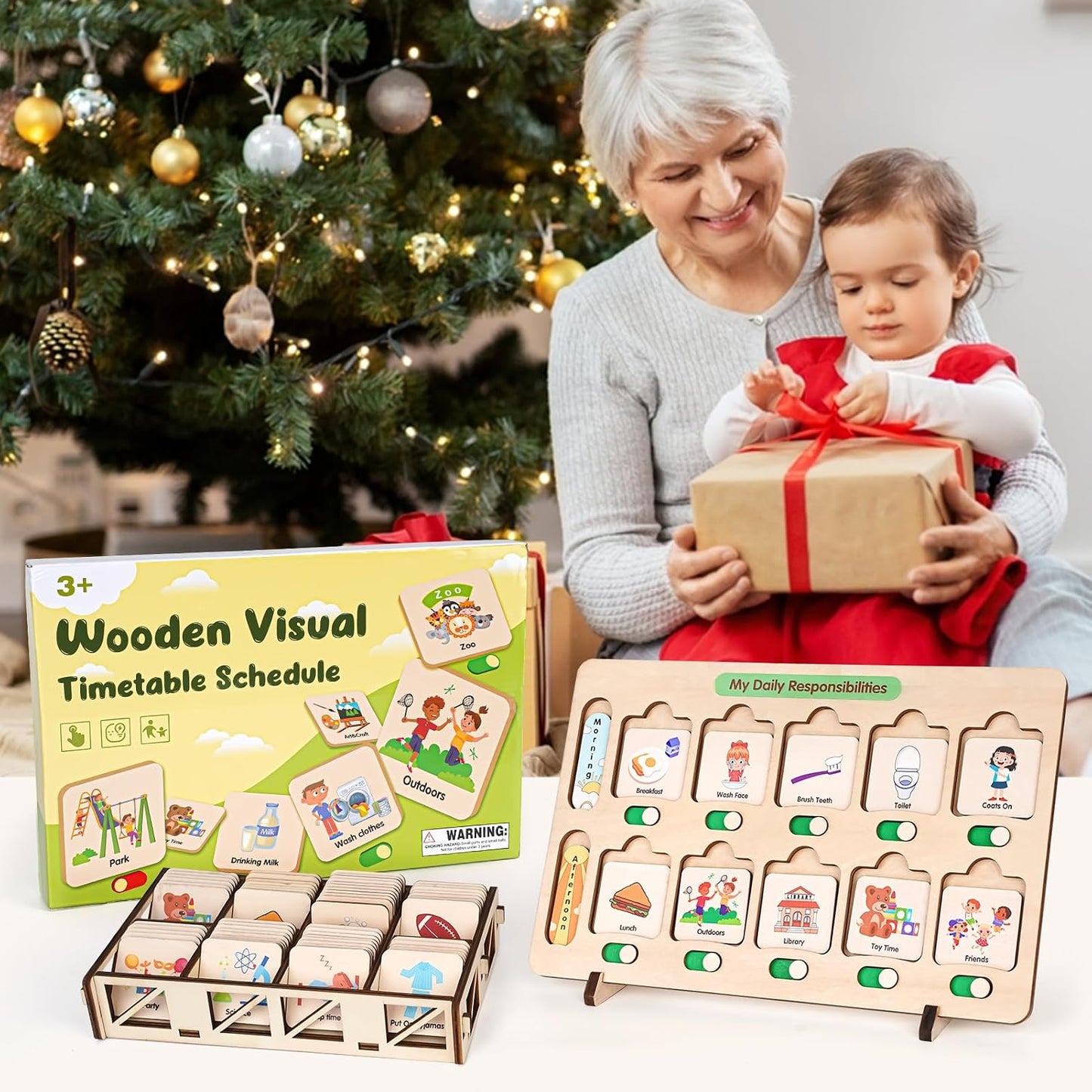 Dreamon Wooden Visual Schedule for Kids Morning and Bedtime Routine Chart | Toddler Chore Chart, Daily Schedule Board for Home/School, 80 Cards, Storage Box & Bag, Done Slider, Autism Learning Material