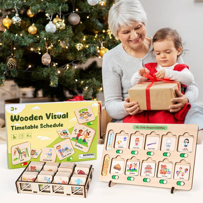 Dreamon Wooden Visual Schedule for Kids Morning and Bedtime Routine Chart | Toddler Chore Chart, Daily Schedule Board for Home/School, 80 Cards, Storage Box & Bag, Done Slider, Autism Learning Material