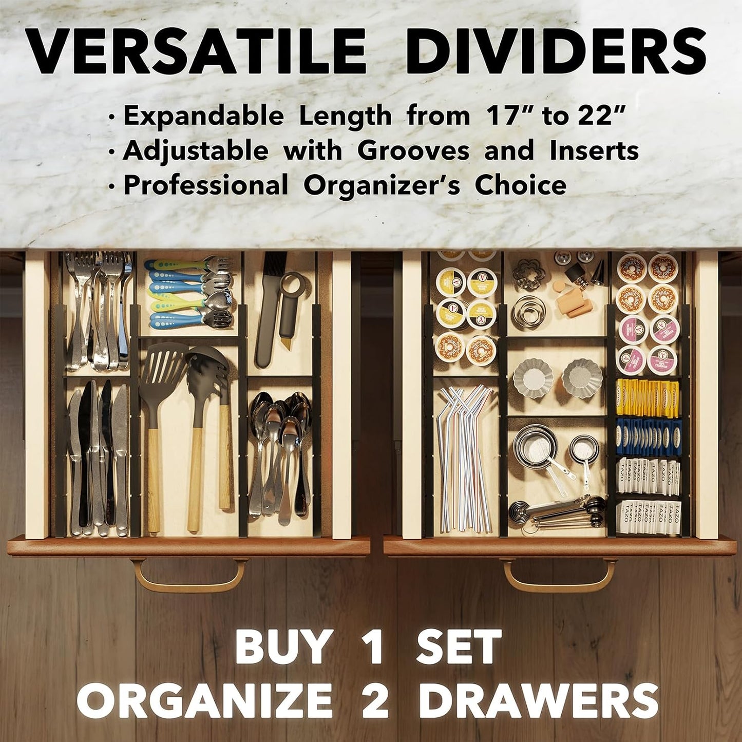 SpaceAid Bamboo Drawer Dividers with Inserts and Labels, Kitchen Adjustable Drawer Organizers, Expandable Organization for Home, Office, Dressers, 4 Dividers with 9 Inserts (17"-22" Natural)