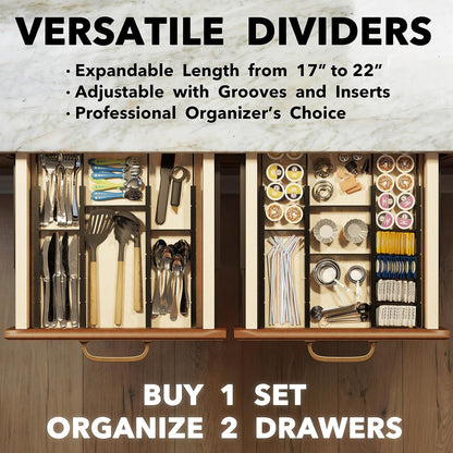 SpaceAid Bamboo Drawer Dividers with Inserts and Labels, Kitchen Adjustable Drawer Organizers, Expandable Organization for Home, Office, Dressers, 4 Dividers with 9 Inserts (17"-22" Natural)