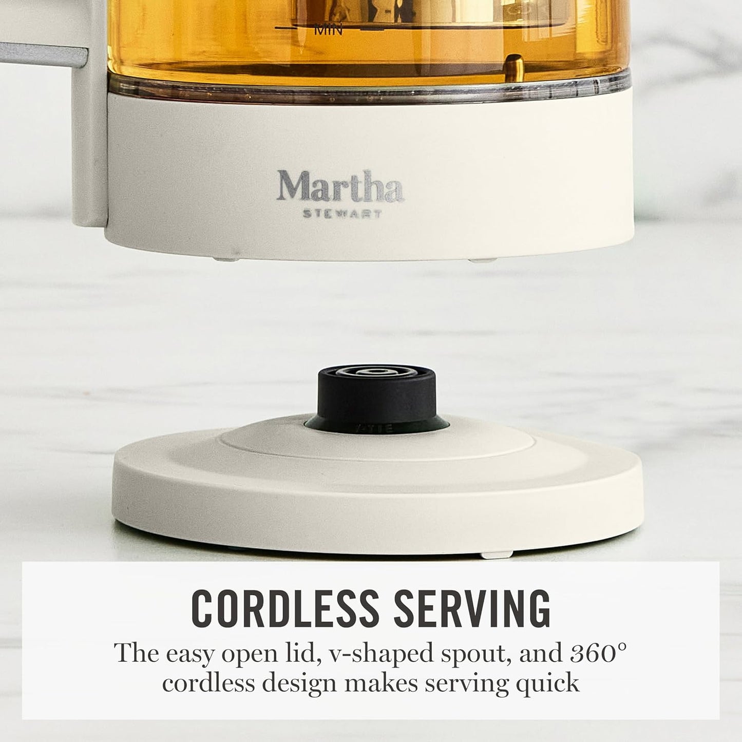 Martha Stewart 1.7L Glass Carafe Electric Kettle with Removable Tea Infuser | 7 Cups, 4 Presets, Rapid Boiling, Stainless Steel Tea Leaf Infuser, Cordless Swivel Base, Keep Warm, Auto Shut-Off, Linen