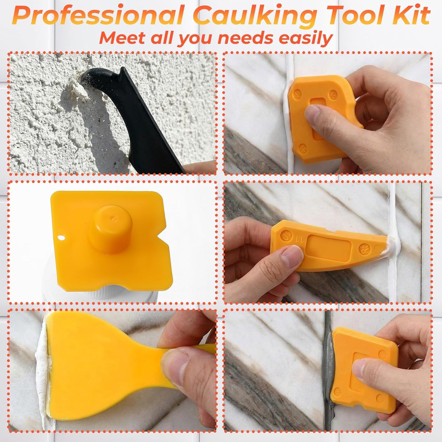 Pickmesh 33 Pcs Silicone Caulking Tool Kit Set 3 in 1 Caulk Remover & Grout Removal Tool with Pads 2 in 1 Razor Blade Scraper with Blades Sealant Finishing Tools for Kitchen Bathroom Sink Window Floor