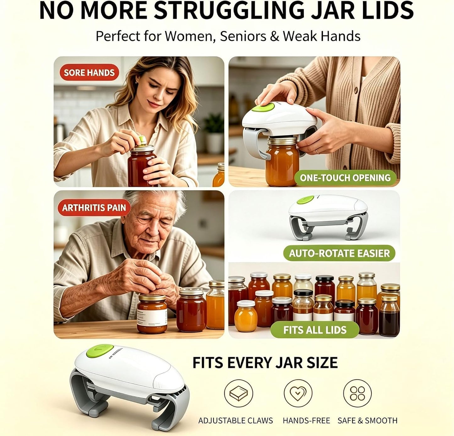Electric Jar Opener, Automatic One-Touch Jar Opener with Upgraded Dual-Grip, 3-Second Fast Motor Kitchen Gadget for Seniors with Arthritis and Weak Hands