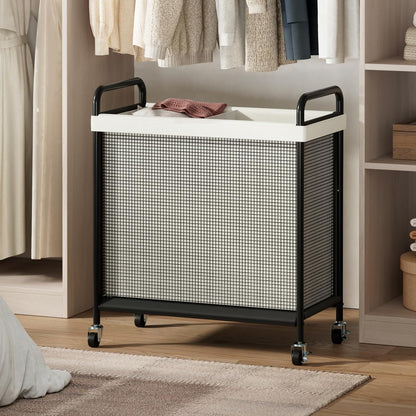 WOWLIVE Rolling Laundry Hamper 2 Section, 100L Laundry Basket with Wheels | Double Laundry Sorter with Metal Handle and Removable Bag, Large Clothes Hamper for Laundry Room, Bathroom and Dorm, Beige