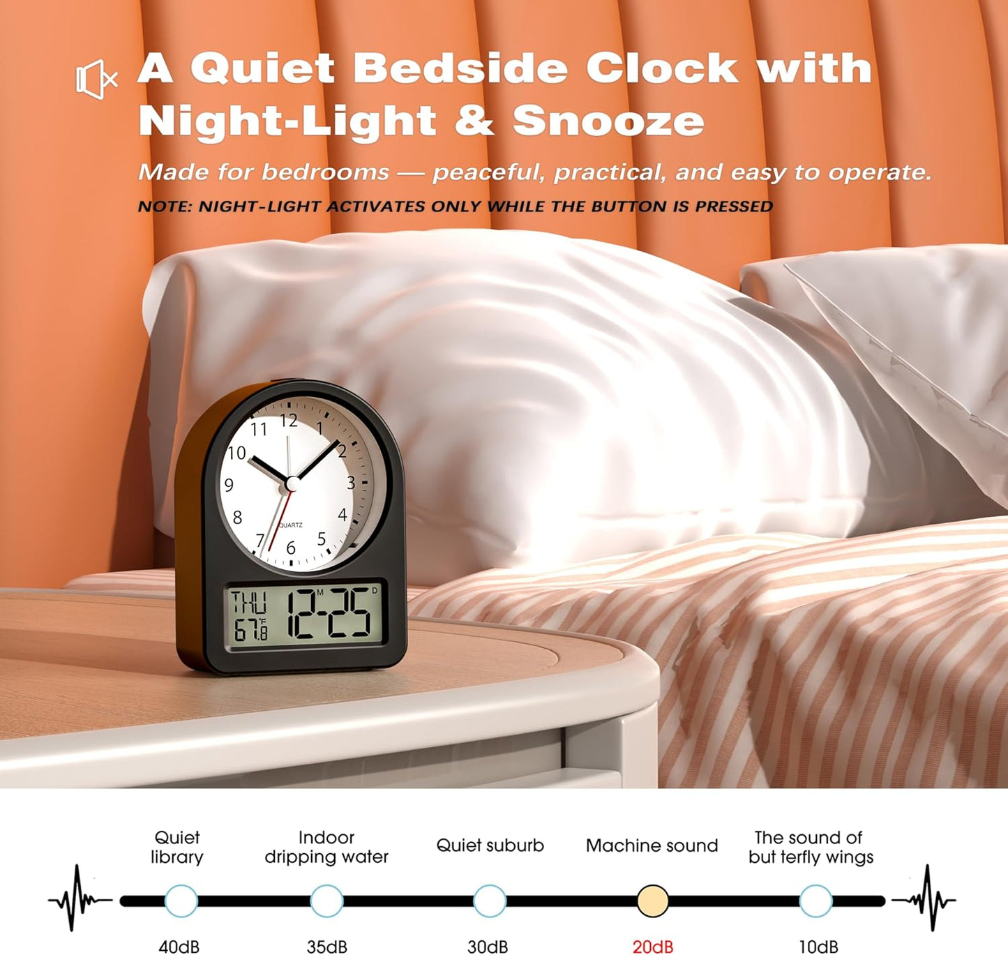AYRELY® 3.5" Small Analog Travel Alarm Clock, Battery Operated Desk Clock | Cute Table Clock with Light, Adjustable Angle, Bedside, Bedrooms, Kids' Rooms and Living Room Decor (Orange)