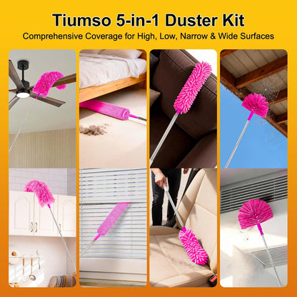 Tiumso Microfiber Feather Duster 5-in-1 Kit, Dusters for Cleaning, Duster with Extension Pole 100 Inches, Cobweb Duster, Microfiber Dusters for High Ceilings and Fans, Blinds, Cars and Furniture