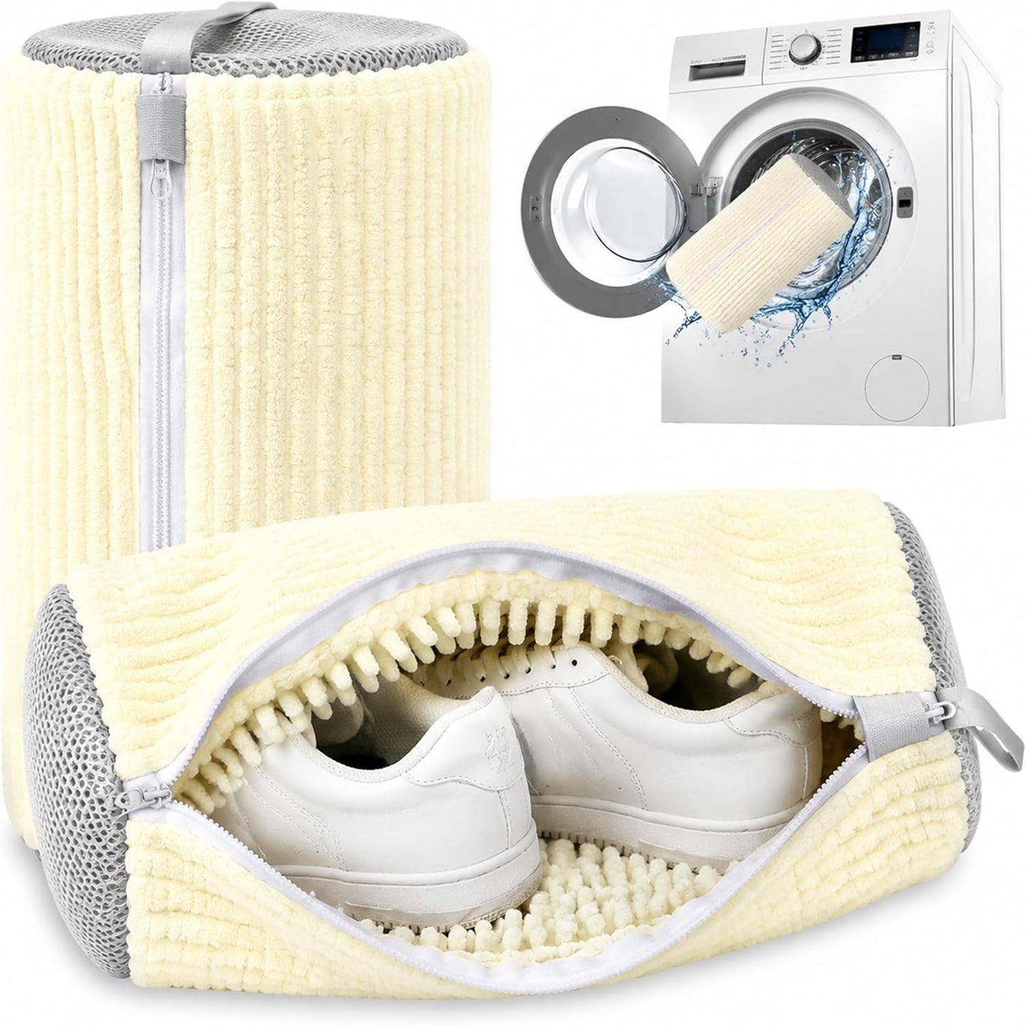 Reusable Shoe Washing Bag, 2-Pack Chenille Laundry Bag for Washer & Dryer. | Soft chenille fibers help deep clean sneakers while the hidden zipper keeps shoes secure and helps protect your washer.