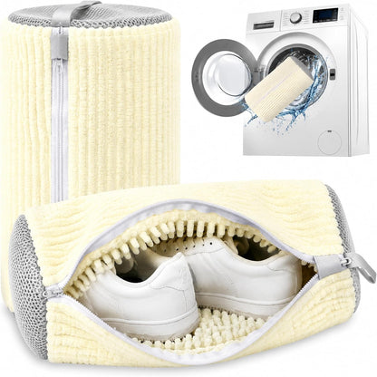 Reusable Shoe Washing Bag, 2-Pack Chenille Laundry Bag for Washer & Dryer. | Soft chenille fibers help deep clean sneakers while the hidden zipper keeps shoes secure and helps protect your washer.