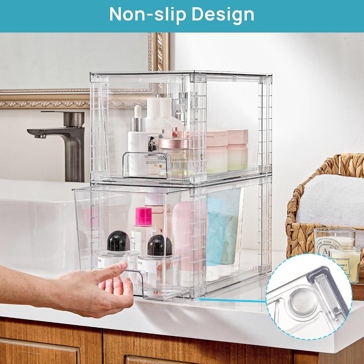 Vtopmart 4 Pack Large Stackable Storage Drawers, Clear | Easily Assemble Bathroom Closet Undersink Organizers and Storage Kitchen Cabinets,Pantry,Makeup,Medicine Organization