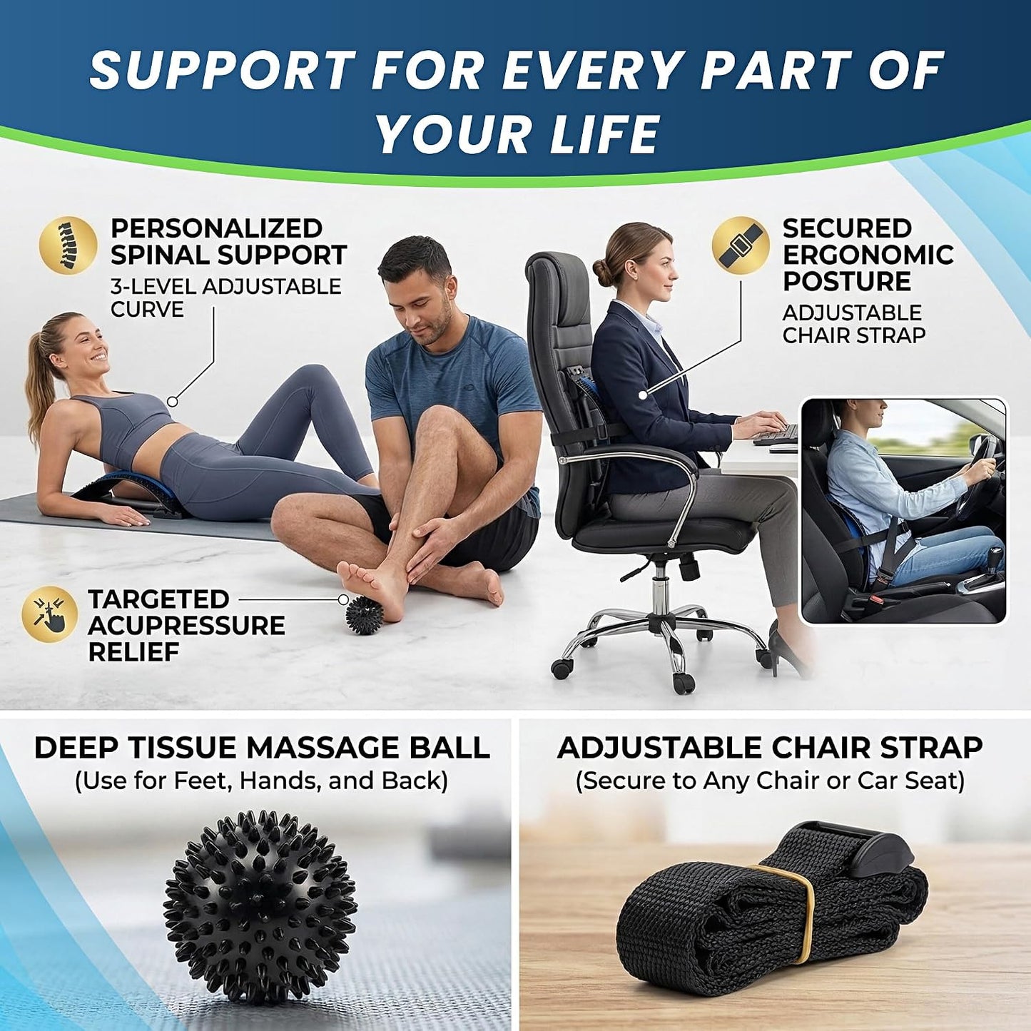 Back Stretcher for Lower Back Pain Relief with Massage Ball & Support Belt, Multi-Level Adjustable Arch Lumbar Back Cracker Board, Spine Decompression & Posture Support Back Massager