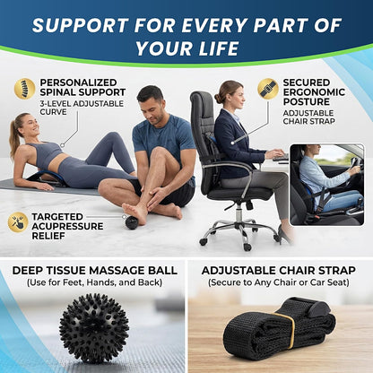 Back Stretcher for Lower Back Pain Relief with Massage Ball & Support Belt, Multi-Level Adjustable Arch Lumbar Back Cracker Board, Spine Decompression & Posture Support Back Massager