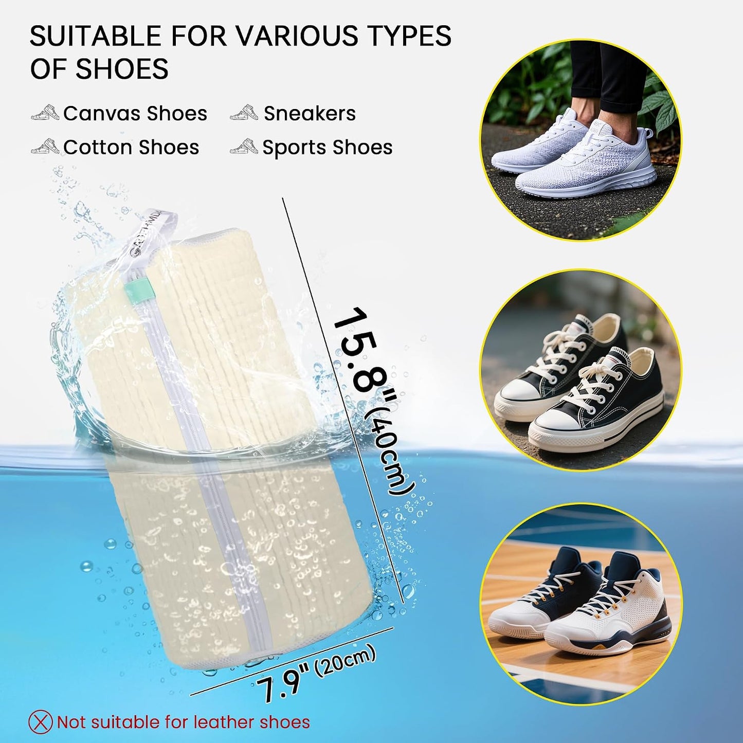 1 Pcs Shoe Washing Machine Bag, White | Extra Long and Thick Microfibre Fluff, Reusable for Washer & Dryer, All-Around Cleaning for All Shoe Types