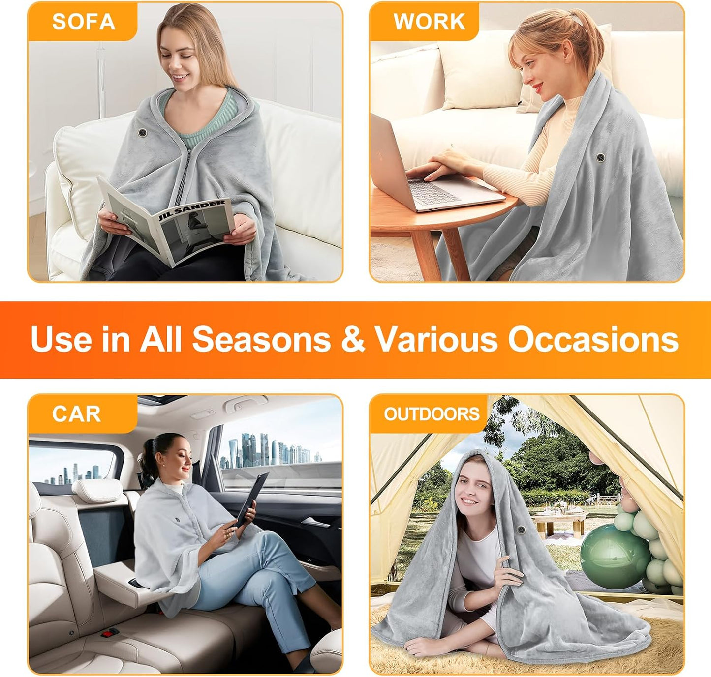 USB Electric Heated Shawl,Portable Cordless Heated Throw Blanket,3 Heat Settings,Heated Shawl Poncho Wrap Blanket with Zipper,for Outdoor,Car,Travel,Camping,Machine Washable(Battery Not Included)