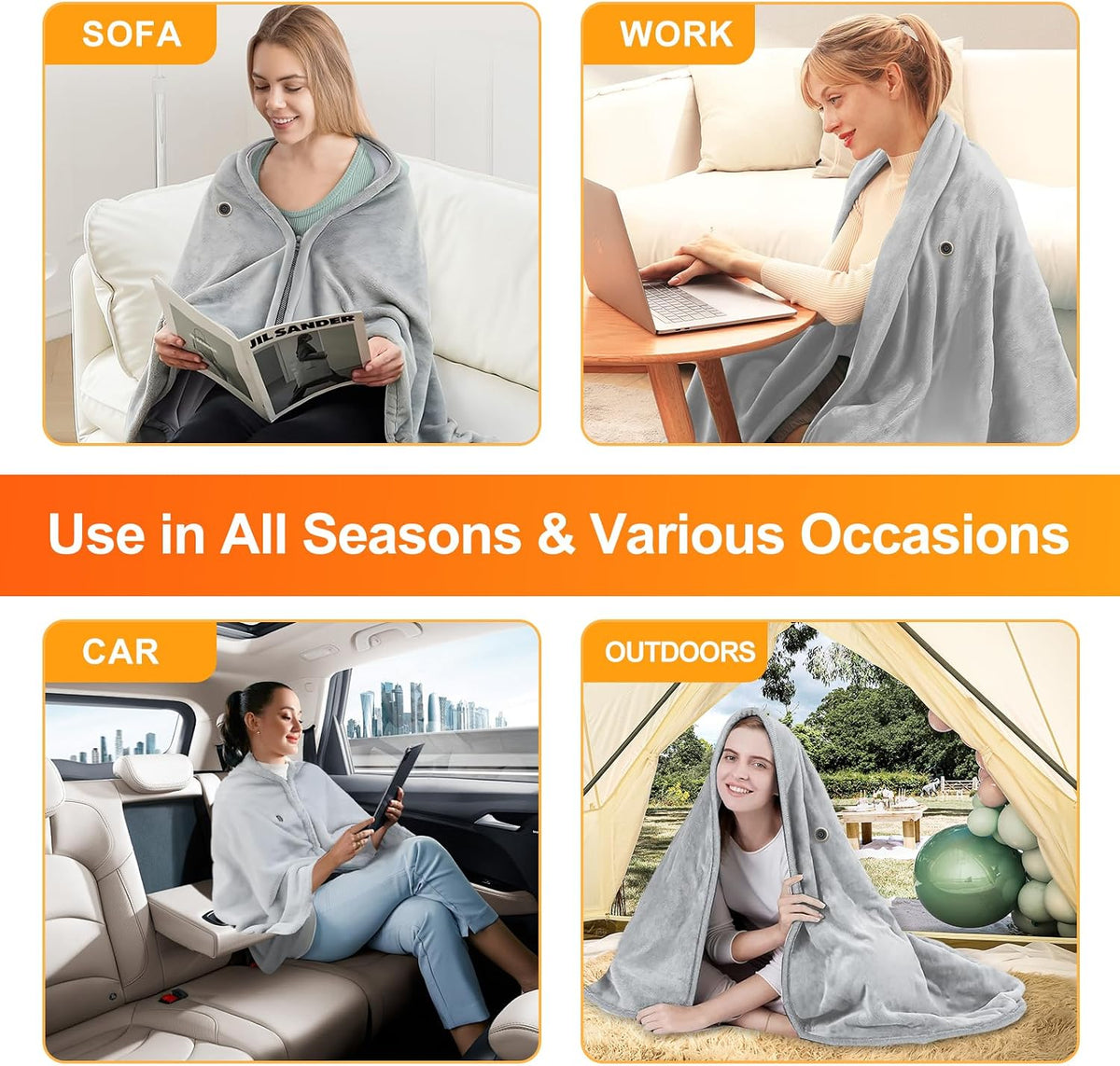 USB Electric Heated Shawl,Portable Cordless Heated Throw Blanket,3 Heat Settings,Heated Shawl Poncho Wrap Blanket with Zipper,for Outdoor,Car,Travel,Camping,Machine Washable(Battery Not Included)