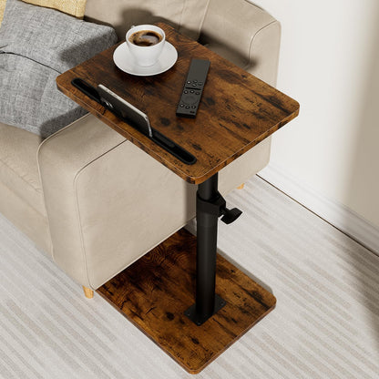 YUHFERA Sofa Armrest Tray Table for Couch - 360° Swivel Height Adjustable End for Small Spaces, Snack Side Table for Bed or Chair with Phone & Tablet Slot (Rustic,Standard)