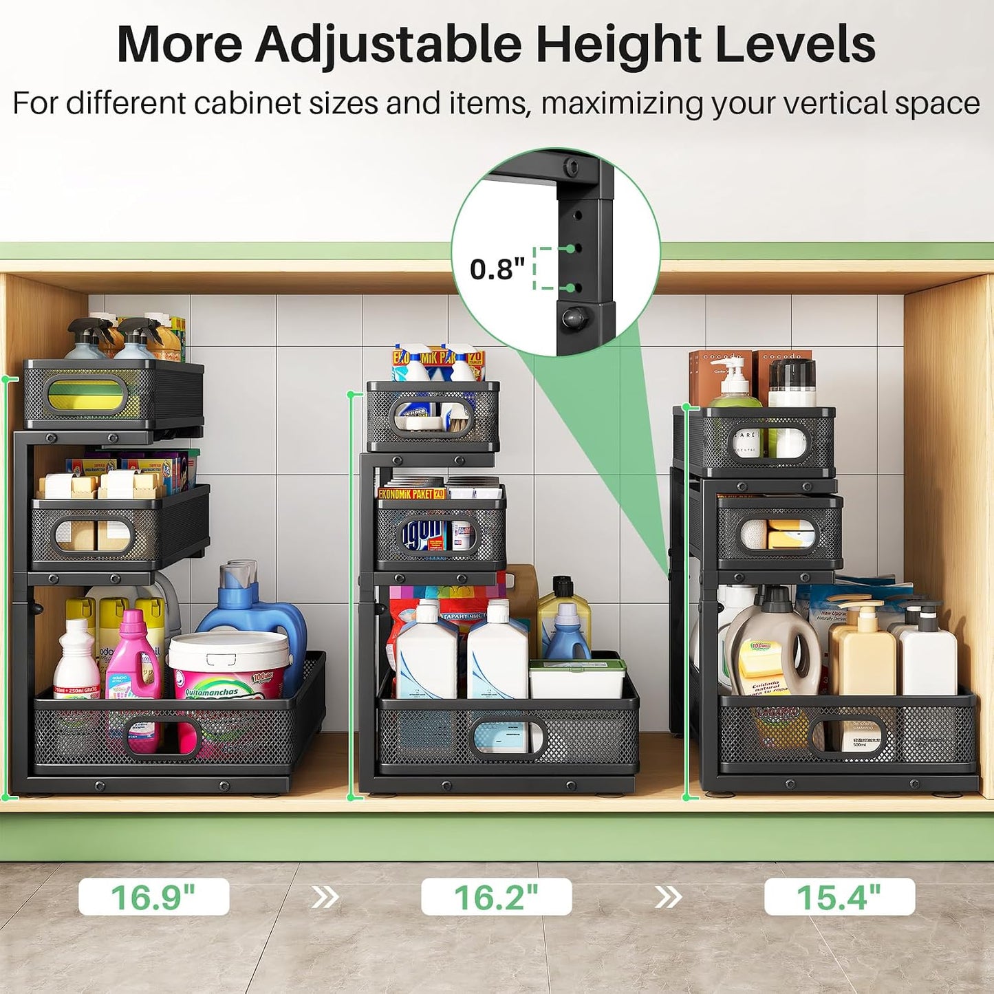 Kitstorack Under Sink Organizer, 2-Pack 3-Tier Height Adjustable Thickened Metal Pull out Cabinet Organizer Shelf, Slide out Storage Drawer Rack for Bathroom Kitchen Pantry Home Laundry Organization