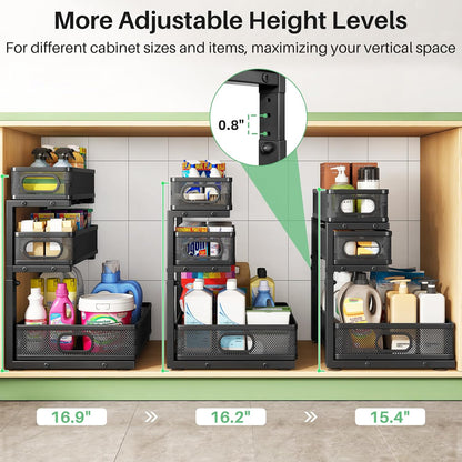 Kitstorack Under Sink Organizer, 2-Pack 3-Tier Height Adjustable Thickened Metal Pull out Cabinet Organizer Shelf, Slide out Storage Drawer Rack for Bathroom Kitchen Pantry Home Laundry Organization