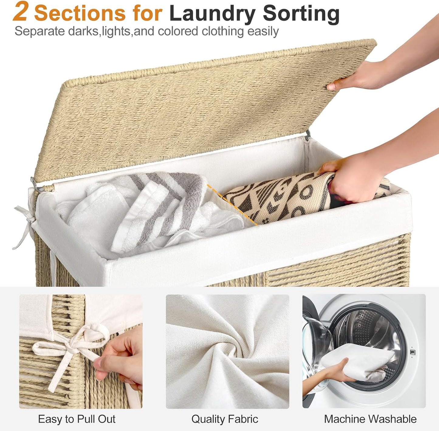 WOWLIVE Double Laundry Hamper with Wheels, Handwoven Rolling Laundry Basket | 115L Dirty Clothes Hamper with Lid, Removable Liner Bag, Large Capacity Laundry Sorter Laundry Room Organization, Green
