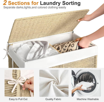 WOWLIVE Double Laundry Hamper with Wheels, Handwoven Rolling Laundry Basket | 115L Dirty Clothes Hamper with Lid, Removable Liner Bag, Large Capacity Laundry Sorter Laundry Room Organization, Green