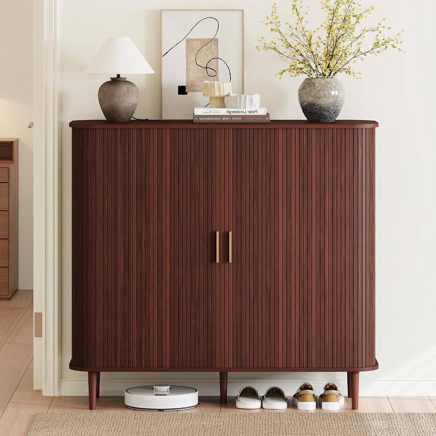 DHH Shoe Storage Cabinet with Sliding Door, 6-Tier Shoe Cabinet with Adjustable Shelves, Modern Freestanding Shoe Storage Organizer for Entryway, Hallway, Living Room (Walnut, 47 ")