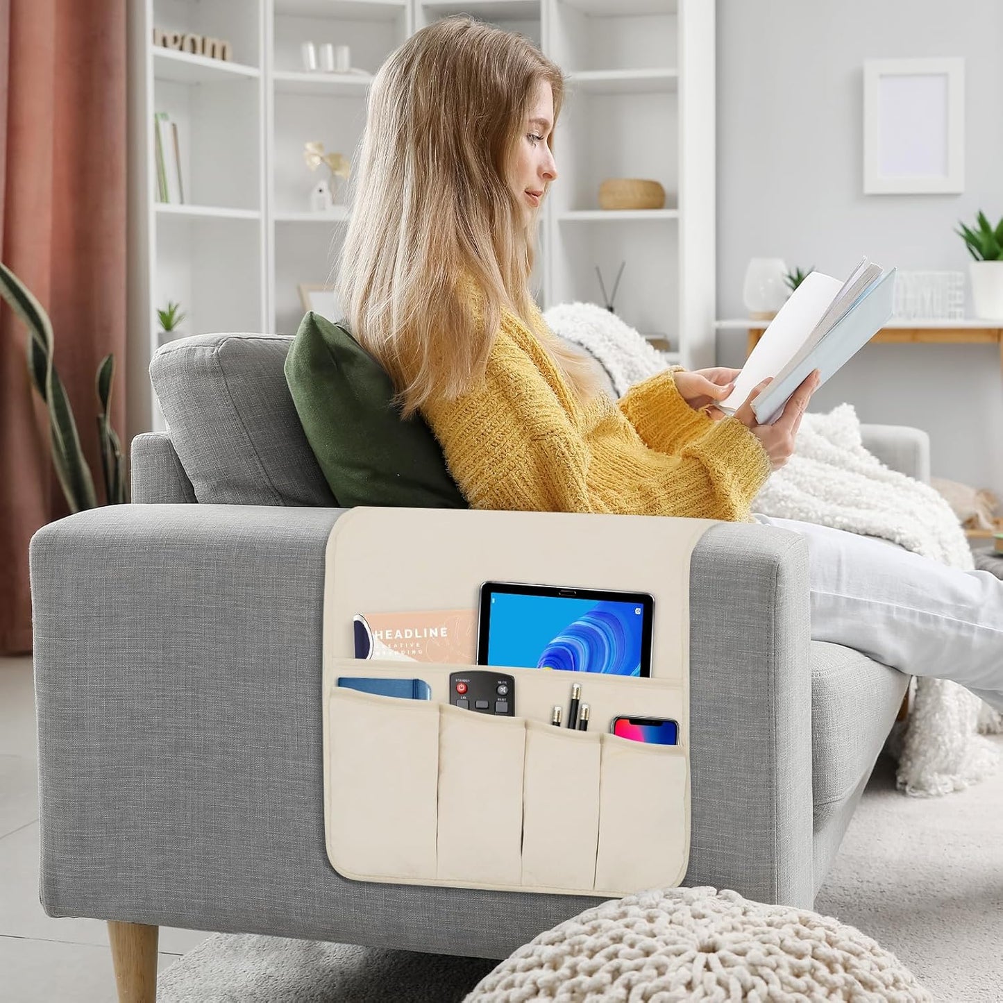 Remote Control Holder for Armchair Caddy, Remote Holder with 5 Pockets | Couch TV Remote Holder with Non-Slip Base, Bedside Caddy Organizer for Key Glasses Phone Magazine (Blue, 35"x12.4")