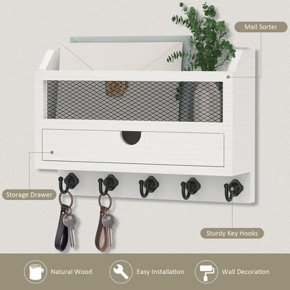 Nekon Key and Mail Holder for Wall, Key Organizer with Drawer, White | 11"W x 7.9"H x 3.1"D Wooden Key Rack with 5 Hooks, Mail Organizer for Home Decor