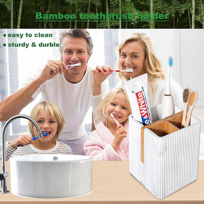 Toothbrush Holders for Bathroom, Bamboo Electric Toothbrush Stand, White | Toothbrush and Toothpaste Organizer for Sink Countertop, Bathroom Storage Stand for Brushing Accessories