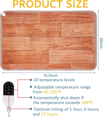 QOUBAI PVC 110V Heated Floor Mat Heater for Foot Warmer Under Desk 22 x 20 Inch Electric Heating Pad Energy Saving Carpet Pad Indoor Floor Heated Rug for Home Office Bathroom House Gray