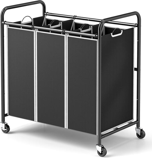ROMOON Laundry Sorter Hamper 3 Section, Divided Laundry Basket Organizer | Rolling Clothes Hamper with Heavy Duty Lockable Wheels and Removable Bags for Apartment, Dorm & Family, 135L, Multicolor