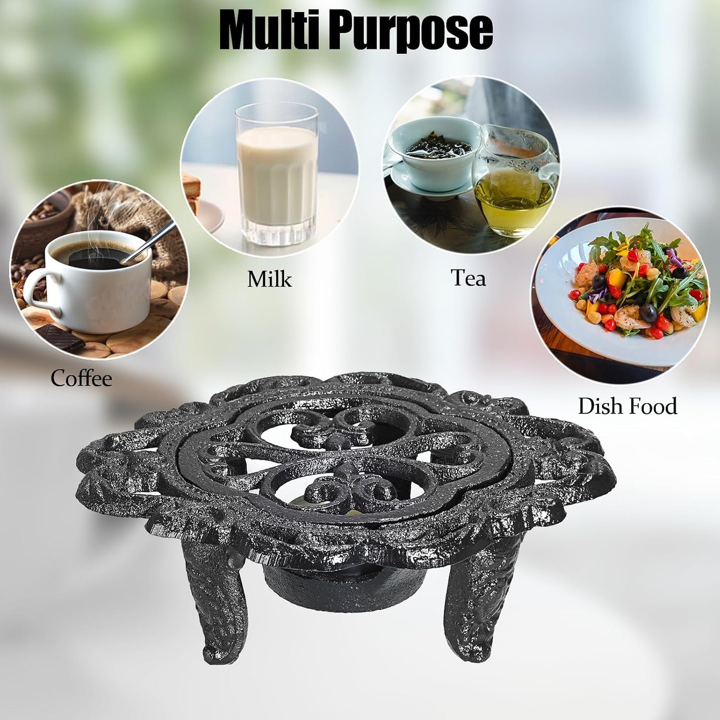 Sumnacon Cast Iron Teapot Warmer Dish Cups Heater Decorative Trivet with Tealight Holder - Rustic and Heavy Duty Tealight Candle Holder Stands - Elegant Food Warmer for Tea, Coffee, Milk