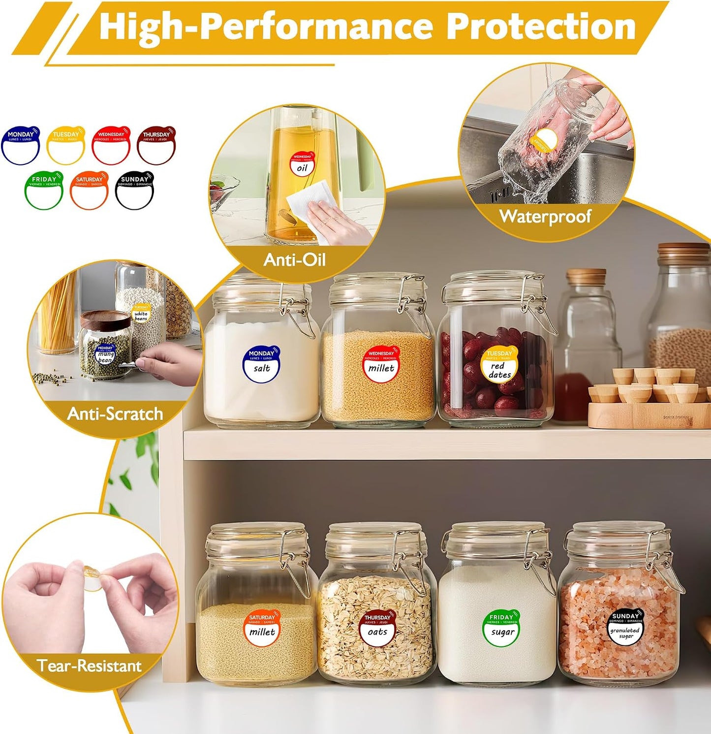 1680 Pcs 1" Square Day of The Week Labels, Removable & Writable Food Stickers in English/Español/Français for Restaurant Kitchen Containers and Inventory Management (Inches, 1 x 1)