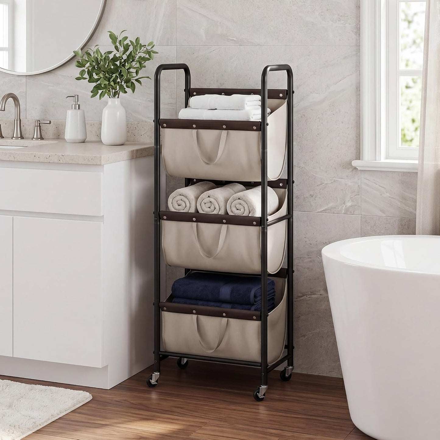 GRANNY SAYS 3 Tiered Laundry Sorter, Narrow Hamper Cart with Wheels | Sturdy 3 Section Laundry Basket with Wheels, Vertical Beige Hamper Cart for Bedroom, Bathroom, Apartment