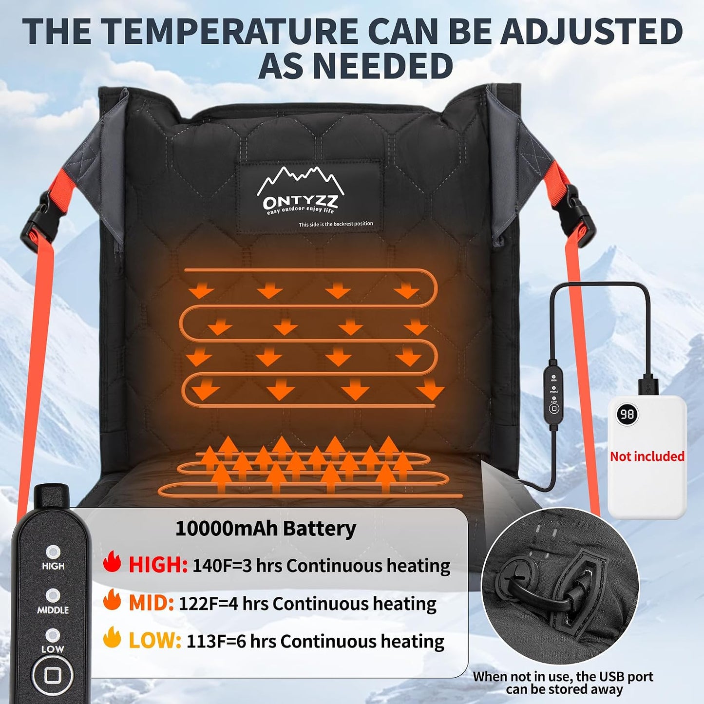 Stadium Seats with Back Support Inflatable Portable Folding Seat | Waterproof Cushion with Backrest for Sports Events Stadium and Camping, Black Heated Version