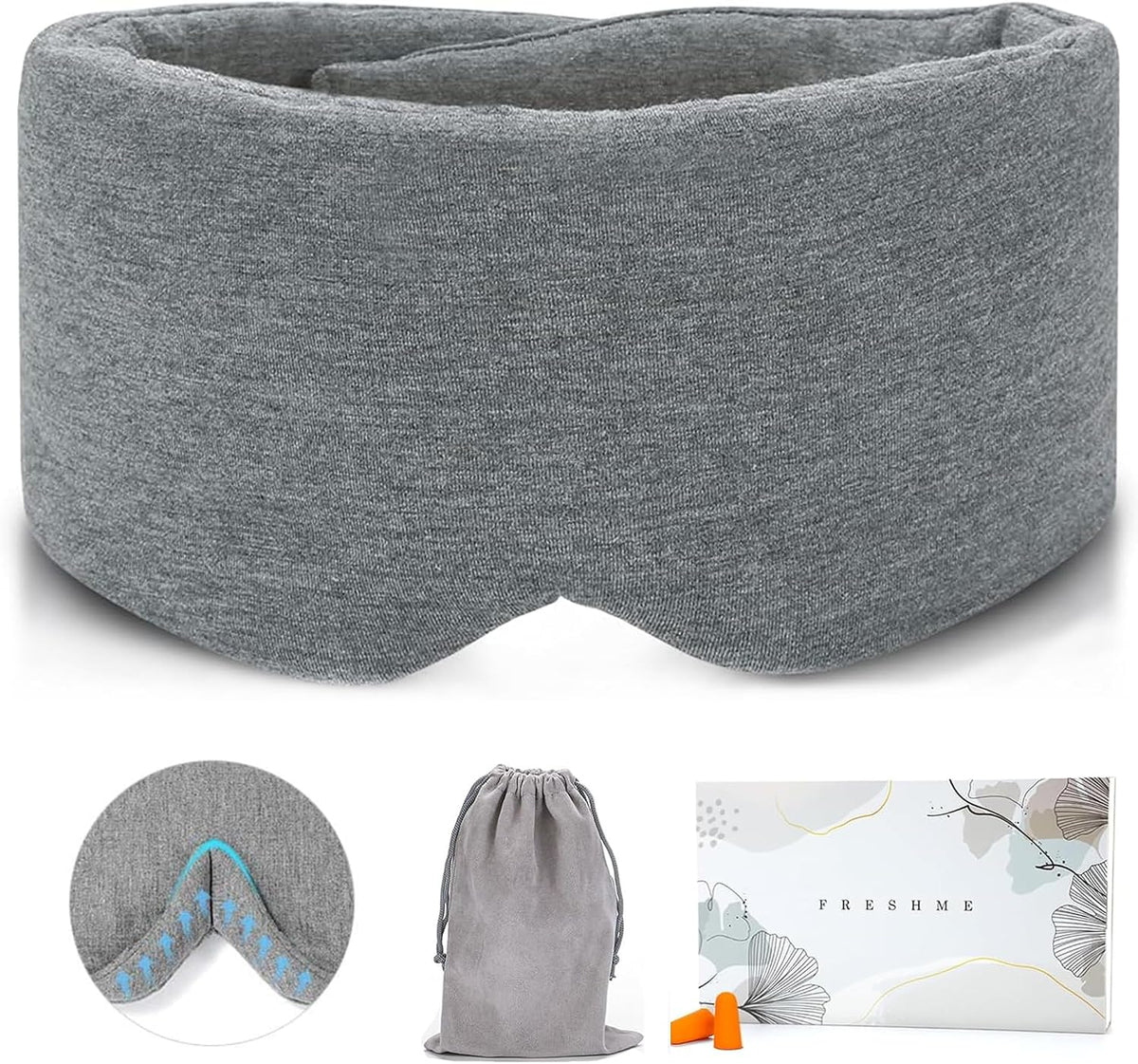 FRESHME Cotton Sleep Eye Mask for Men - Upgrade Design Blackout Side Sleeper Eyes Cover for Night Sleeping, Large Size Wide Soft Travel Airplane Blindfold with Adjustable Velcro Strap for Work Nap
