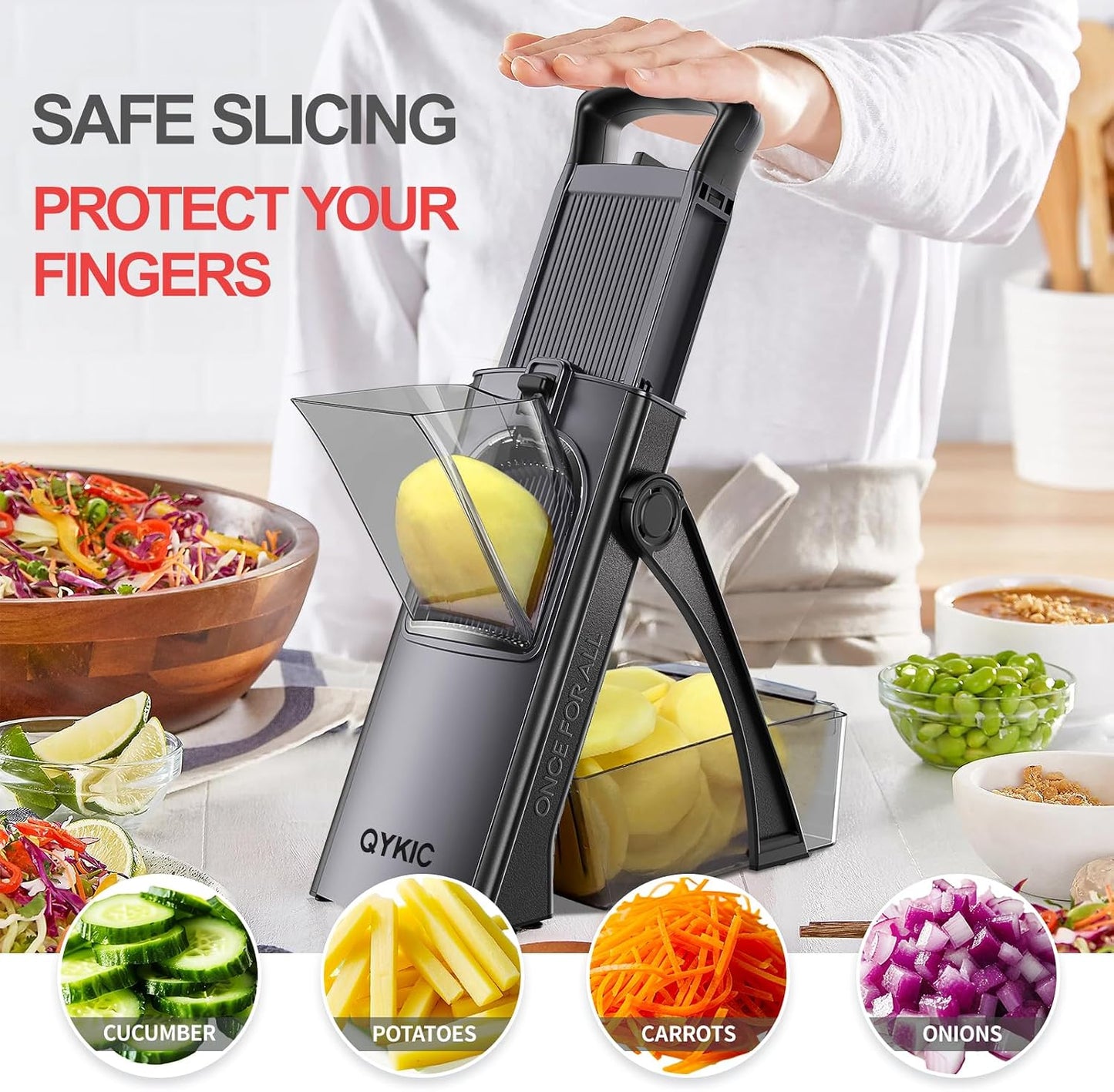 QYKIC Safe Mandoline Slicer Pro for Kitchen, Adjustable Chopper 6 in 1 | Potato Slicer Onion Chopper Fry Cutter Julienne Dicer Large Chute Stainless Steel Blades Detachable Dishwasher Safe Gifts