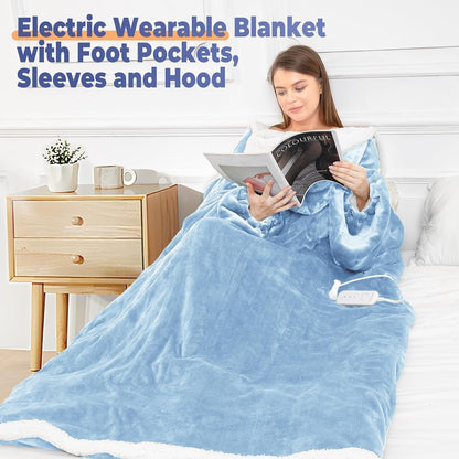 Wearable Heated Blanket with Foot Pocket, Electric Wearable Throw Blanket with Sleeves, Hood, Portable Heated Blanket with 8 Heat Settings, 1-10 Hours Auto Shut-off, Gift for Family, Friends, 50*70"