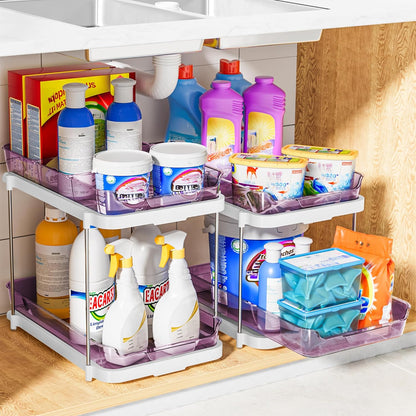 Delamu 2-Tier Multi-Purpose Bathroom Under Sink Organizers and Storage, Stackable Kitchen Pantry Organization, Pull Out Medicine Cabinet Organizer with Movable Dividers, White, 2 Pack