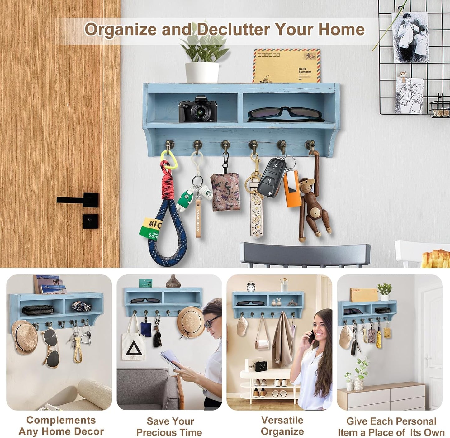 Key Holder Wall Mount with Mail Organizer, 6 Hooks & Shelf, Brown | Wood Key Holder Wall Mount with 6 Key Hooks, Shelf & Storage Box and Mail Organizer for Entryway, Apartment, Home and Office