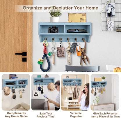 Key Holder Wall Mount with Mail Organizer, 6 Hooks & Shelf, Brown | Wood Key Holder Wall Mount with 6 Key Hooks, Shelf & Storage Box and Mail Organizer for Entryway, Apartment, Home and Office