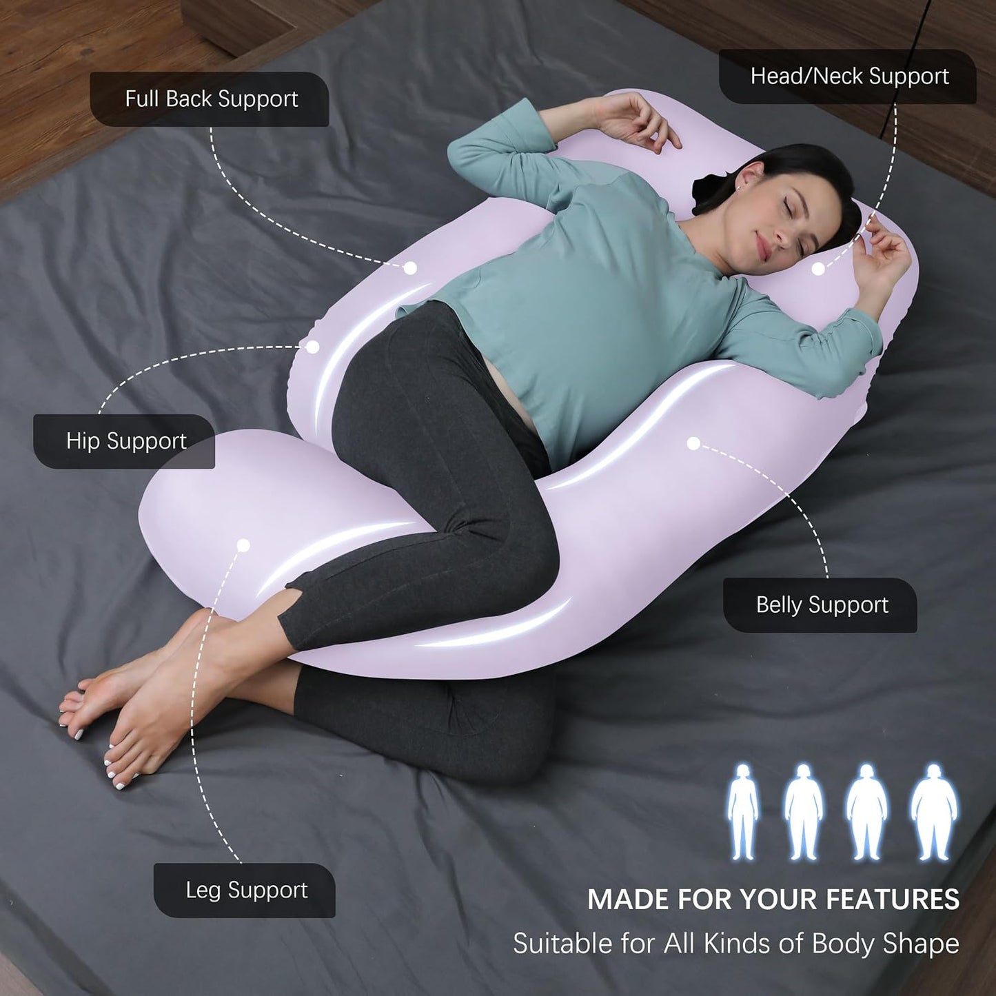 MOON PARK Pregnancy Pillows for Sleeping - 57 Inch U Shaped Full Body Maternity Pillow with Removable Cover - Support for Back, Legs, Belly, Hips - Pregnancy Pillow for Women - Grey