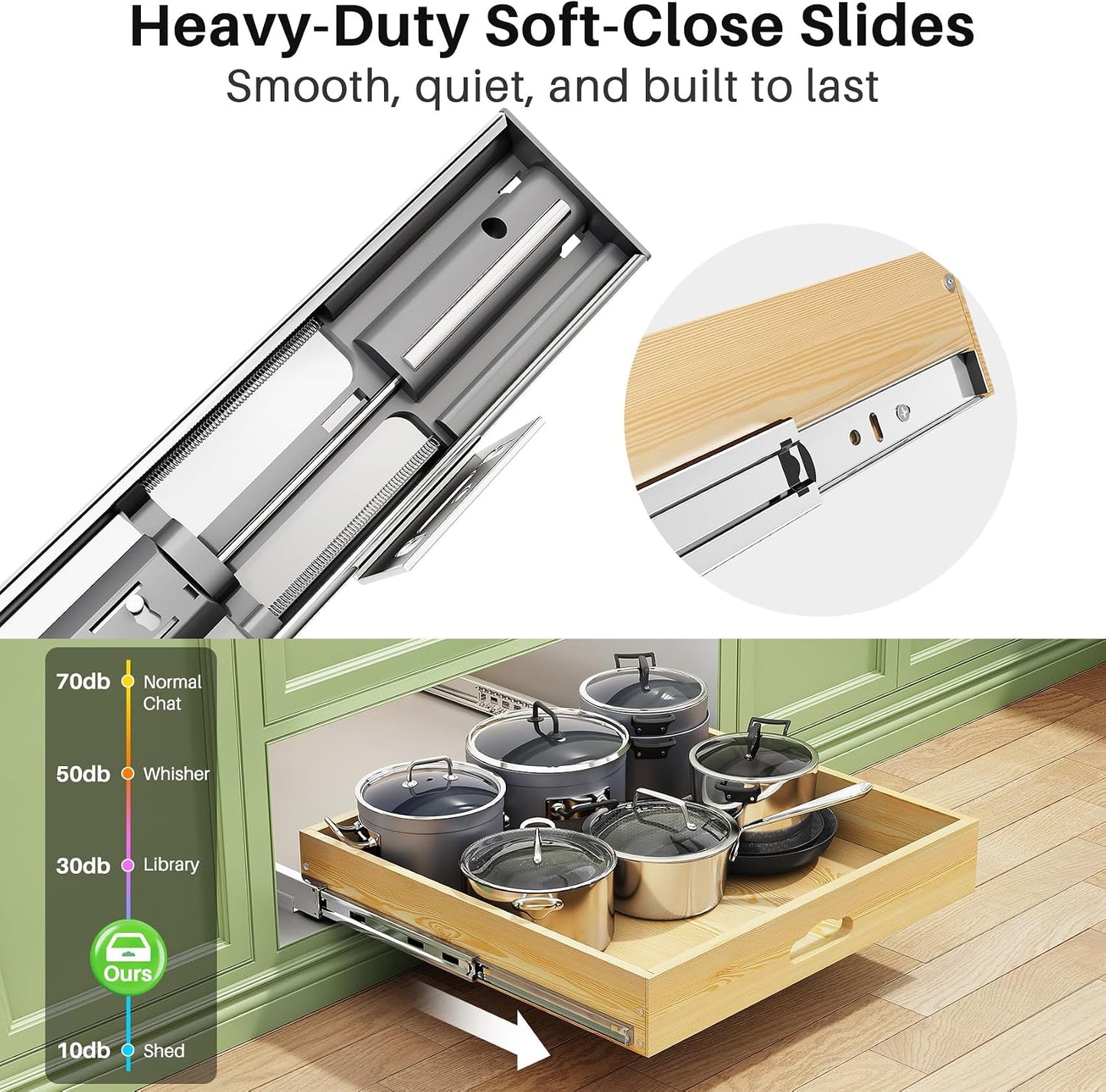Pull Out Cabinet Organizer, Soft Close Wooden Slide Out Drawers for Pots and Pans, Full-extension Roll Out Shelves for Kitchen Cabinets, Pantry Organization, Bottom & Side Mount(15"W X 21"D x 3.4''H)