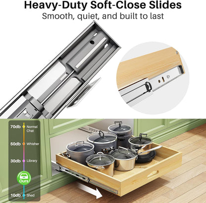 Pull Out Cabinet Organizer, Soft Close Wooden Slide Out Drawers for Pots and Pans, Full-extension Roll Out Shelves for Kitchen Cabinets, Pantry Organization, Bottom & Side Mount(15"W X 21"D x 3.4''H)