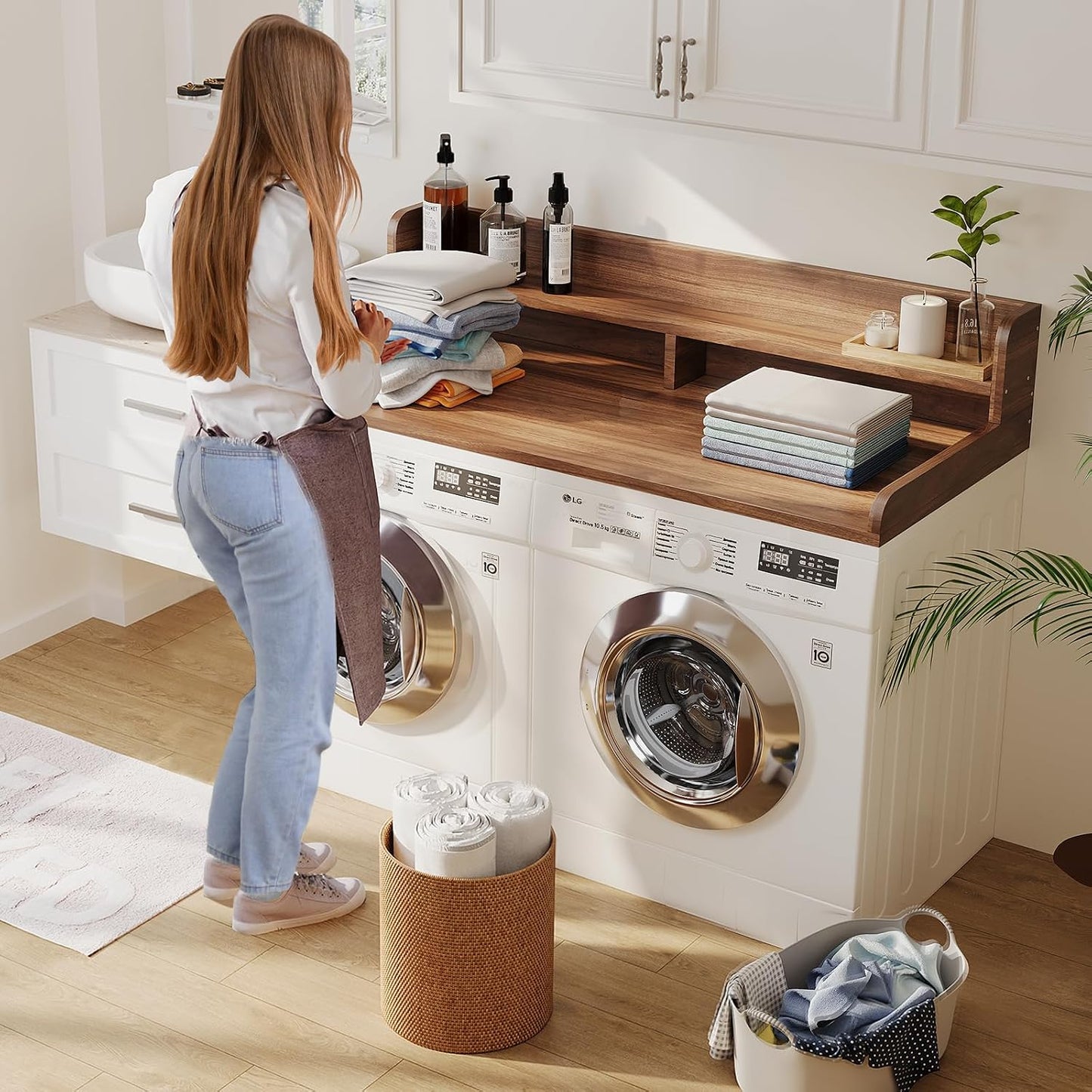 2-Tier Washer Dryer Countertop with 2.75" H Edge Rails, 54" W x 27.55" D Laundry Countertop for Folding Clothes, Washer and Dryer Topper with Non-Slip Pad (Dark Walnut)