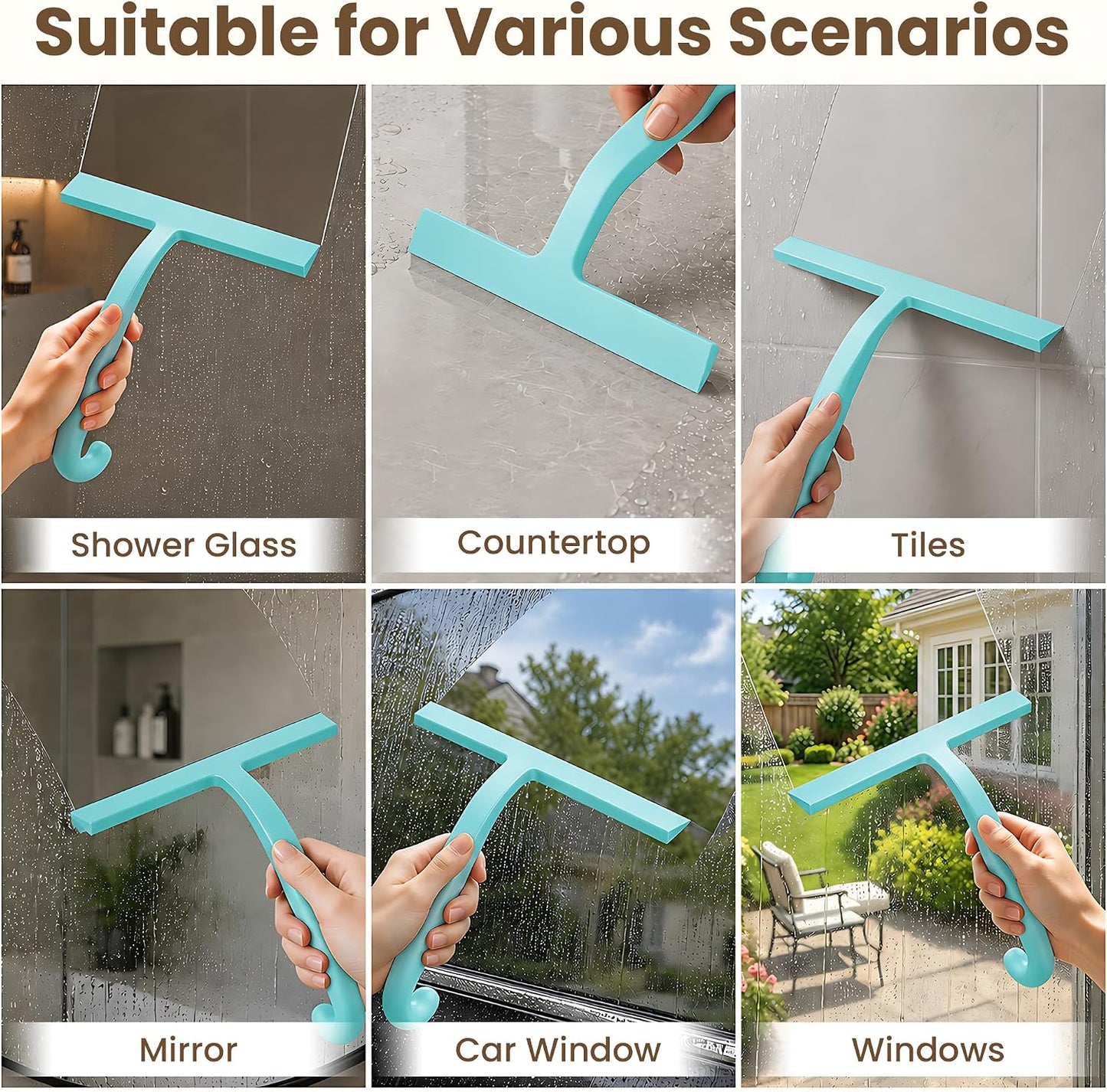 10 Inch Silicone Shower Squeegee for Glass Doors, Streak-Free, Black | No-Squeak Silicone Blade, Ergonomic Round Grip and Built-In Hook for Quick Daily Cleaning of Shower Glass, Tile and Windows