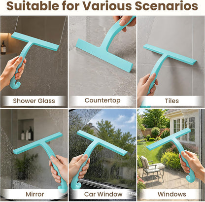 10 Inch Silicone Shower Squeegee for Glass Doors, Streak-Free, Black | No-Squeak Silicone Blade, Ergonomic Round Grip and Built-In Hook for Quick Daily Cleaning of Shower Glass, Tile and Windows