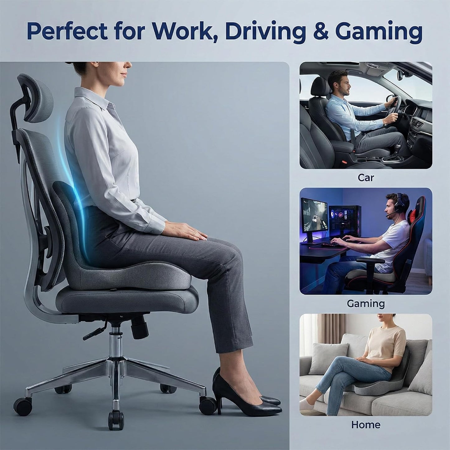Seat Cushion Memory Foam with Ergonomic L-Shaped Extra Wide Support for Lower Back Relief, Comfort Cushion for Office Chair, Car Seat & Gaming Seat, Helps Sciatica Pain, Posture Improvement (Gray)